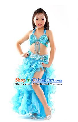 Traditional Indian Children Stage Performance Blue Dress Oriental Belly Dance Costume for Kids