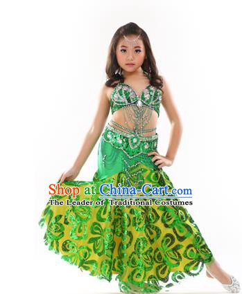 Traditional Indian Children Performance Oriental Dance Green Dress Belly Dance Costume for Kids