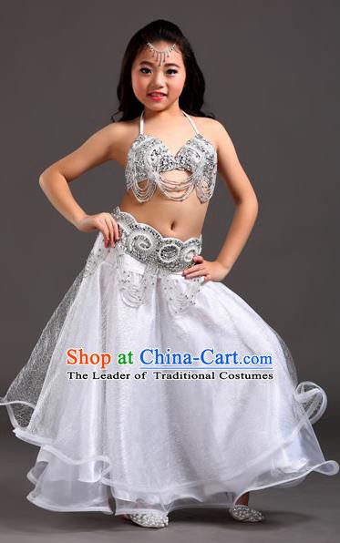 Traditional Indian Children Dance Performance White Dress Belly Dance Costume for Kids