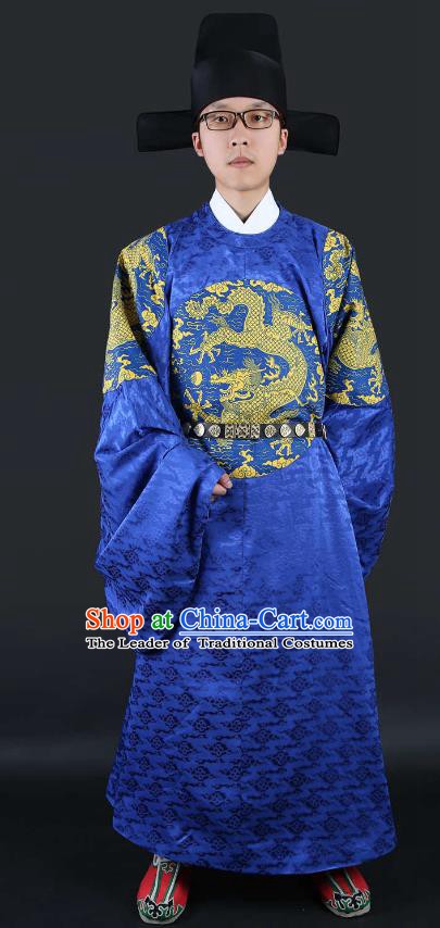 Chinese Ming Dynasty Court Minister Costumes Ancient Chancellor Embroidered Blue Robe for Men