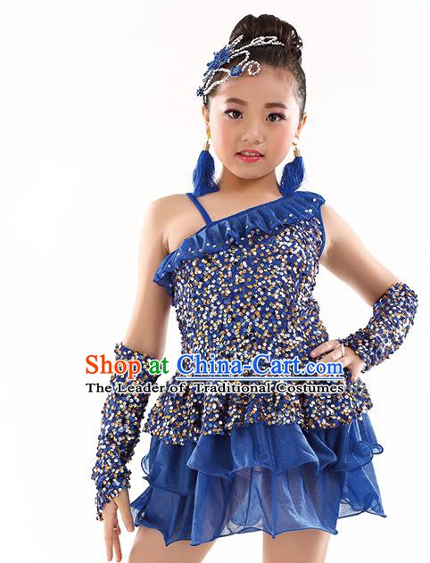 Top Latin Dance Performance Sequin Costume Traditional Children Modern Dance Royalblue Dress for Kids