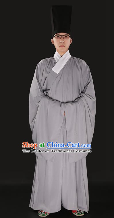 Chinese Ancient Ming Dynasty Taoist Priest Costume Grey Priest Frock for Men