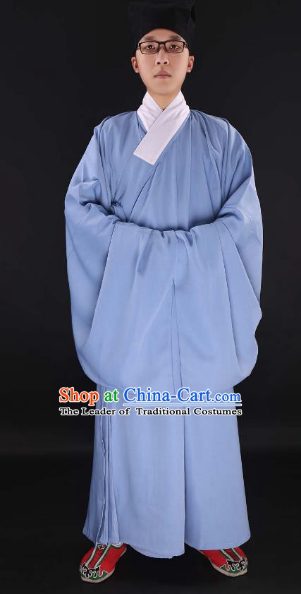 Chinese Ancient Ming Dynasty Taoist Priest Costume Blue Priest Frock for Men