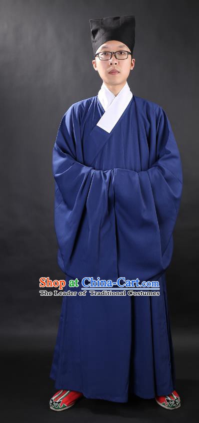 Chinese Ancient Ming Dynasty Taoist Priest Costume Navy Priest Frock for Men