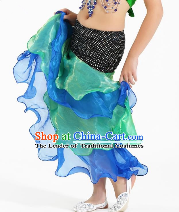 Asian Indian Belly Dance Green and Blue Skirt Stage Performance Oriental Dance Clothing for Kids