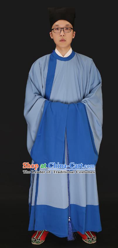 Chinese Ancient Ming Dynasty Costume Confucian Scholar Light Blue Robe Swordsman Hanfu Clothing for Men