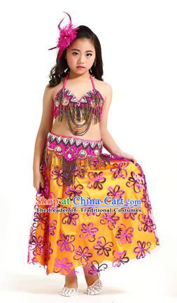 Asian Indian Children Belly Dance Rosy Dress Stage Performance Oriental Dance Clothing for Kids