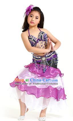 Asian Indian Children Belly Dance Purple and Pink Dress Stage Performance Oriental Dance Clothing for Kids