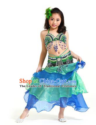 Asian Indian Children Belly Dance Blue and Green Dress Stage Performance Oriental Dance Clothing for Kids