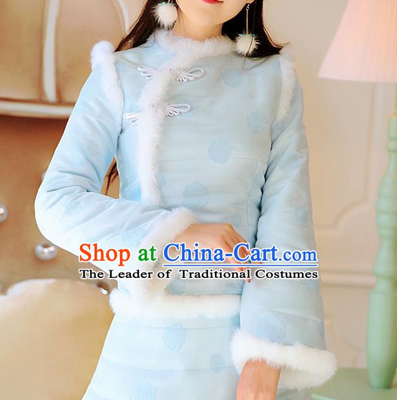 Chinese National Costume Tangsuit Blue Cotton-padded Qipao Blouse Cheongsam Shirts for Women