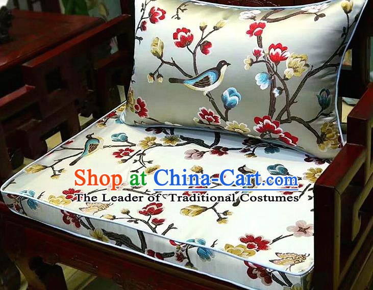 Chinese Traditional Fabric Flowers Birds Pattern White Brocade Chinese Fabric Asian Tibetan Robe Material