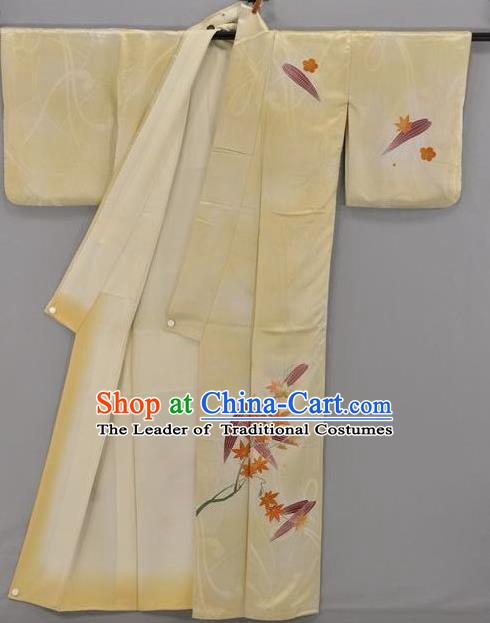 Japan Traditional Costume Yellow Satin Yukata Dress Japanese Furisode Kimono for Women
