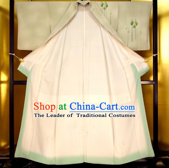 Japan Traditional Costume Printing Green Yukata Dress Japanese Furisode Kimono for Women