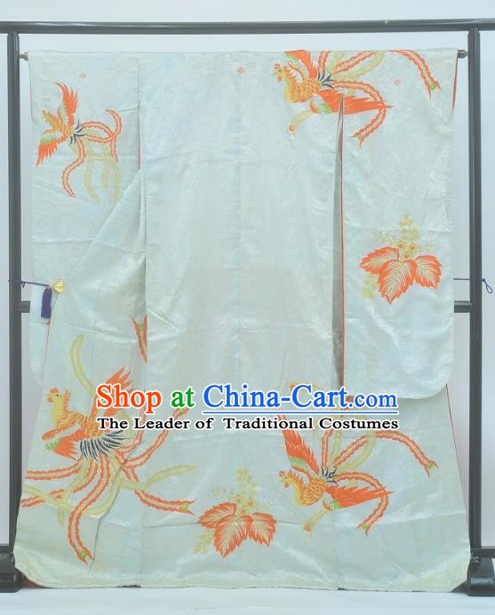 Japan Traditional Kimonos Costume Printing Phoenix White Yukata Dress Japanese Furisode Kimono for Women