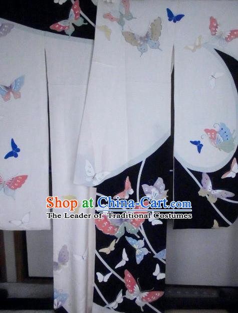 Traditional Asian Japan Clothing Japanese Fashion Apparel Printing Butterfly Furisode Kimono Costume for Women