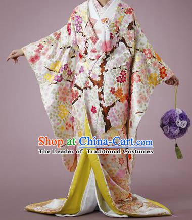 Traditional Asian Japan Costume Japanese Fashion Apparel Printing Flowers Furisode Kimono for Women