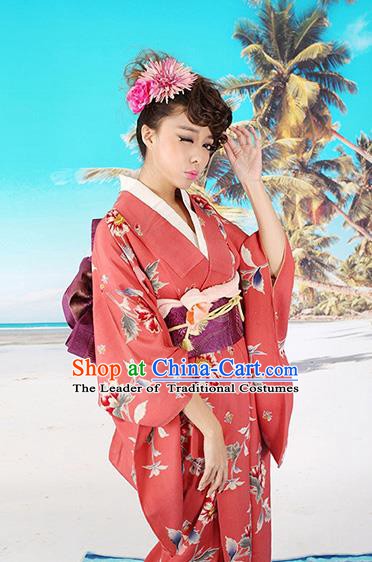 Traditional Asian Japan Costume Japanese Apparel Red Yukata Dress Furisode Kimono for Women