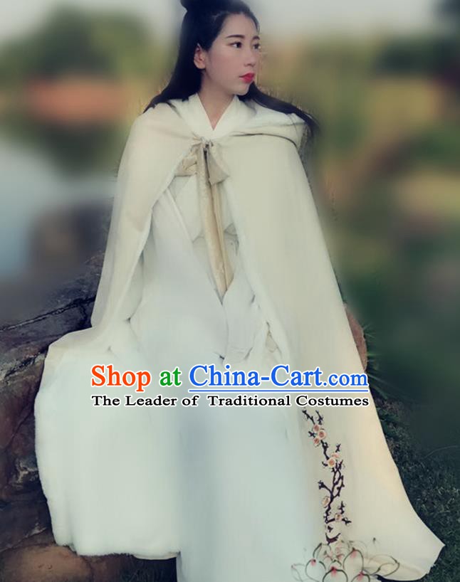 Chinese Ancient Ming Dynasty Princess Embroidered Plum Blossom Mantle Costume White Long Cloak for Women