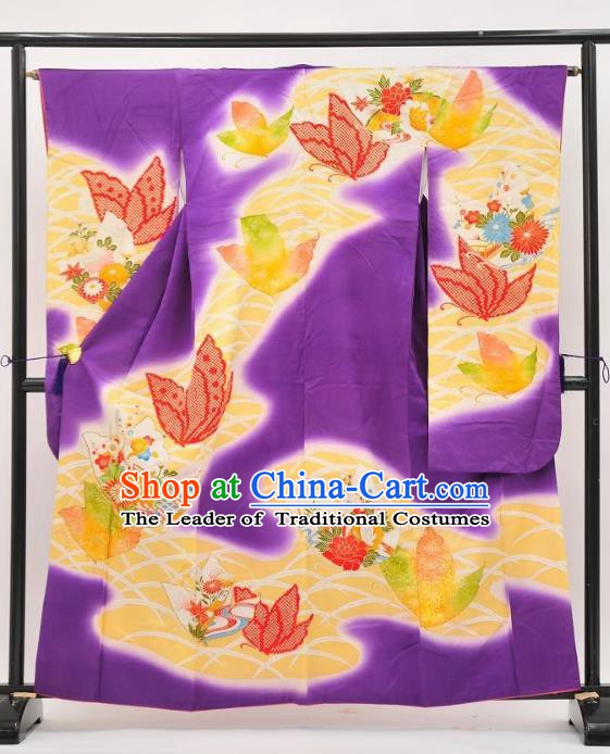 Asian Japan Costume Traditional Butterfly Purple Furisode Kimono Japanese Yukata Dress for Women