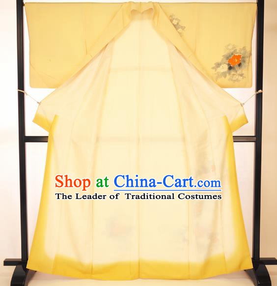 Japan Traditional Formal Costume Printing Flowers Furisode Kimono Yellow Yukata Dress for Women