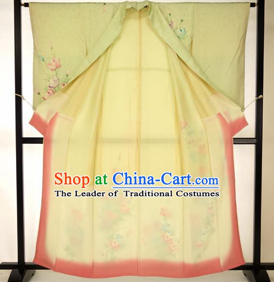 Japan Traditional Formal Costume Printing Flowers Furisode Kimono Green Yukata Dress for Women