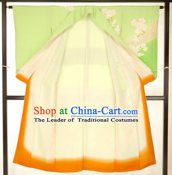 Japan Traditional Formal Kimono Costume Green Furisode Kimonos Printing Yukata Dress for Women