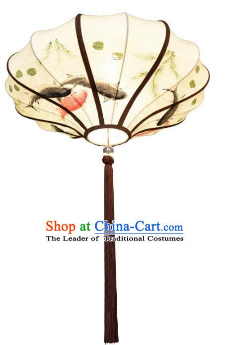 Traditional Chinese Ancient Palace Lantern Ceiling Lamp Printing Fish Linen Lanern