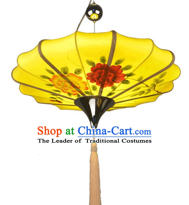 Traditional Chinese Ancient Palace Lantern Ceiling Lamp Hand Painting Peony Lanern