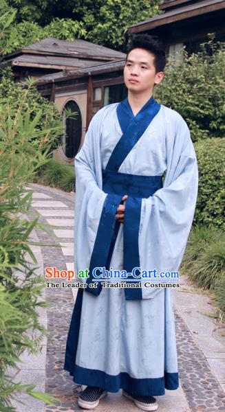 Ancient Chinese Ming Dynasty Scholar Costumes Blue Long Robe for Men