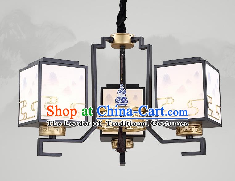 Traditional China Handmade Lantern Ancient Three-Lights Hanging Lanterns Palace Ceiling Lamp
