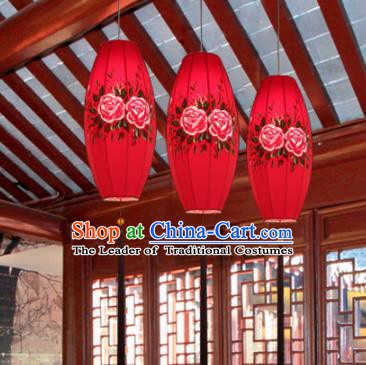 Traditional China Handmade Printing Peony Lantern Ancient New Year Red Hanging Lanterns Palace Ceiling Lamp