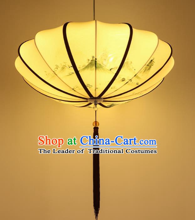 Traditional China Handmade Printing Yellow Lantern Ancient New Year Hanging Lanterns Palace Ceiling Lamp