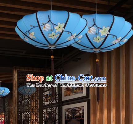 Traditional China Handmade Printing Blue Lantern Ancient New Year Hanging Lanterns Palace Ceiling Lamp
