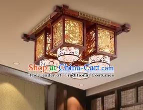 China Handmade Wood Carving Ceiling Lantern Traditional Ancient Four-Lights Lanterns Palace Lamp