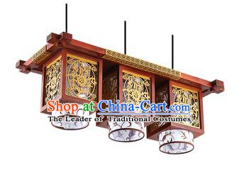 China Handmade Wood Carving Ceiling Lantern Traditional Ancient Three-Lights Lanterns Palace Lamp