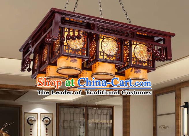 Asian China Handmade Wood Carving Lantern Traditional Ancient Ceiling Lamp Nine-Lights Palace Lanterns