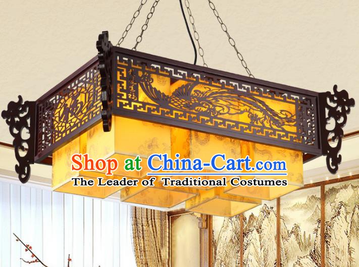 Asian China Handmade Wood Carving Phoenix Lantern Traditional Ancient Six-Lights Ceiling Lamp Palace Lanterns