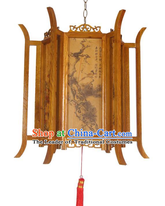 Chinese Handmade Printing Portable Hanging Lantern Traditional Palace Wood Ceiling Lamp Ancient Lanterns