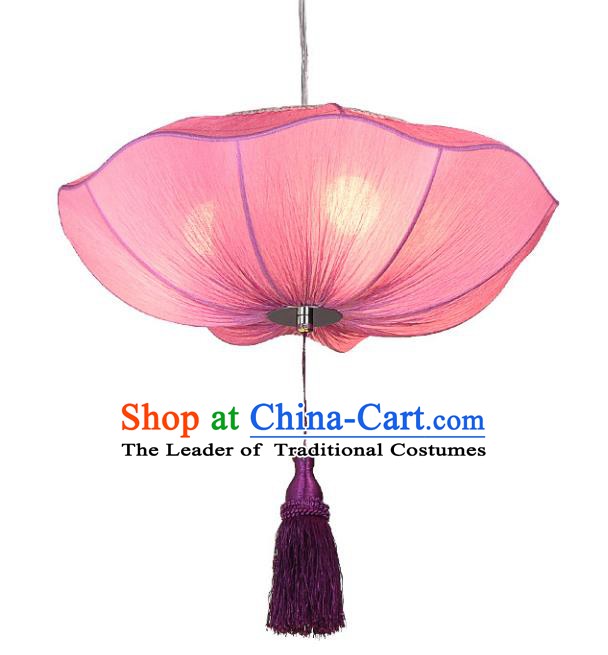Chinese Classical Handmade Palace Lanterns Traditional Pink Lotus Hanging Lantern Ancient Ceiling Lamp