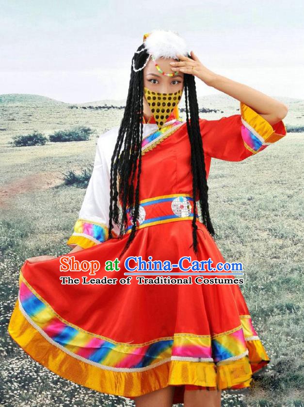 Traditional Chinese Mongols Minority Nationality Costume Mongolian Folk Dance Red Dress for Women