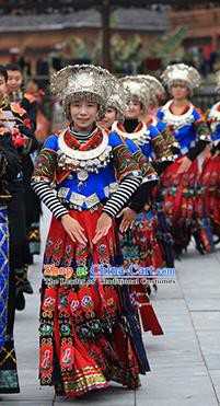 Traditional Chinese Miao Minority Nationality Wedding Costume and Headwear Complete Set for Women