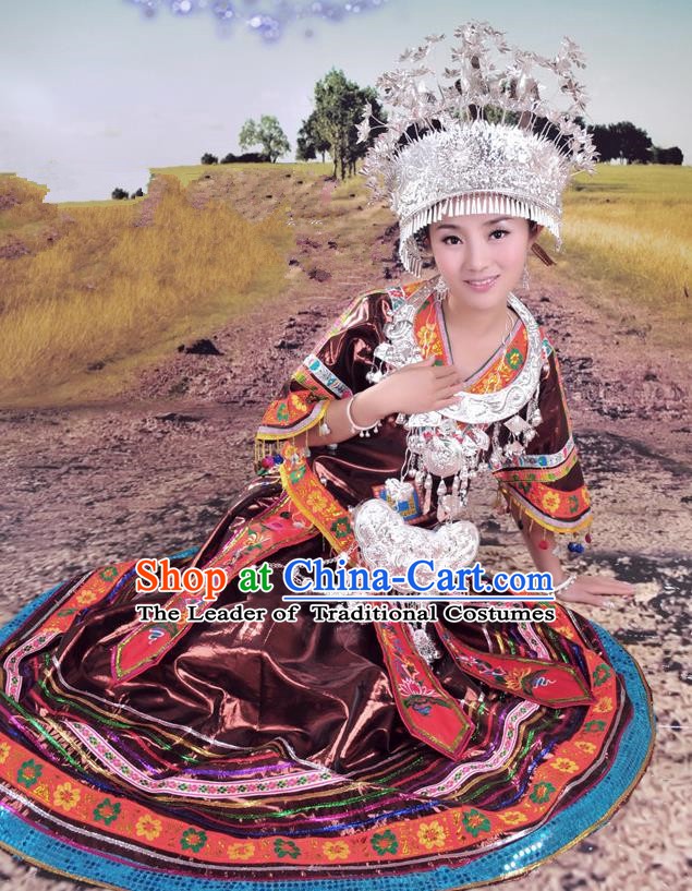 Traditional Miao Nationality Dance Clothing and Headwear Sliver Headpiece Hmong Minority Costumes and Hair Accessories