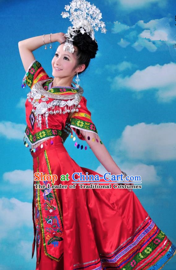 Traditional Miao Nationality Dance Clothing and Headwear Sliver Headpiece Hmong Minority Costumes and Hair Accessories