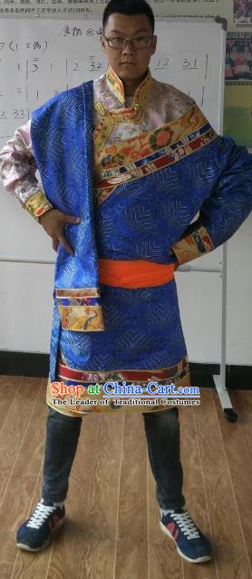 Traditional Chinese Zang Nationality Costume, Tibetan Ethnic Minority Kang-pa Blue Tibetan Robe for Men