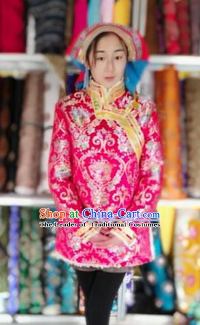 Chinese Tibetan Nationality Dance Costume Pink Coat, Traditional Zang Ethnic Minority Cotton-padded Jacket for Women