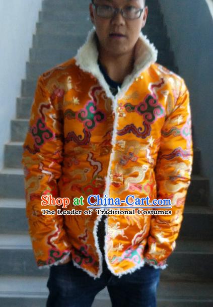 Traditional Chinese Zang Nationality Costume Cotton-padded Jacket, Tibetan Ethnic Minority Golden Coat for Men