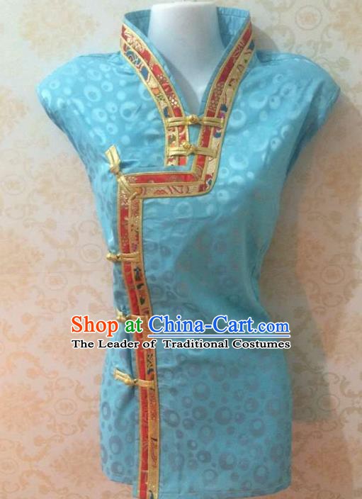 Chinese Tibetan Nationality Costume Blue Blouse, Traditional Zang Ethnic Minority Shirts for Women
