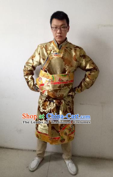 Traditional Chinese Zang Nationality Costume, Tibetan Ethnic Minority Golden Tibetan Robe for Men
