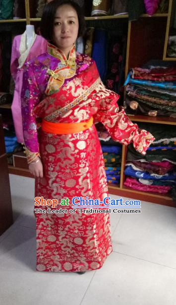 Chinese Tibetan Nationality Costume Red Robe, Traditional Zang Ethnic Minority Dress Clothing for Women