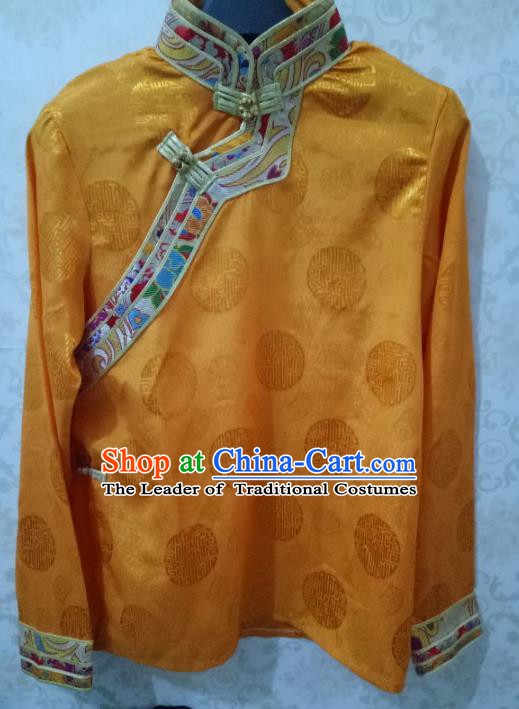 Traditional Chinese Zang Nationality Costume Yellow Shirt, Tibetan Ethnic Minority Coat for Men